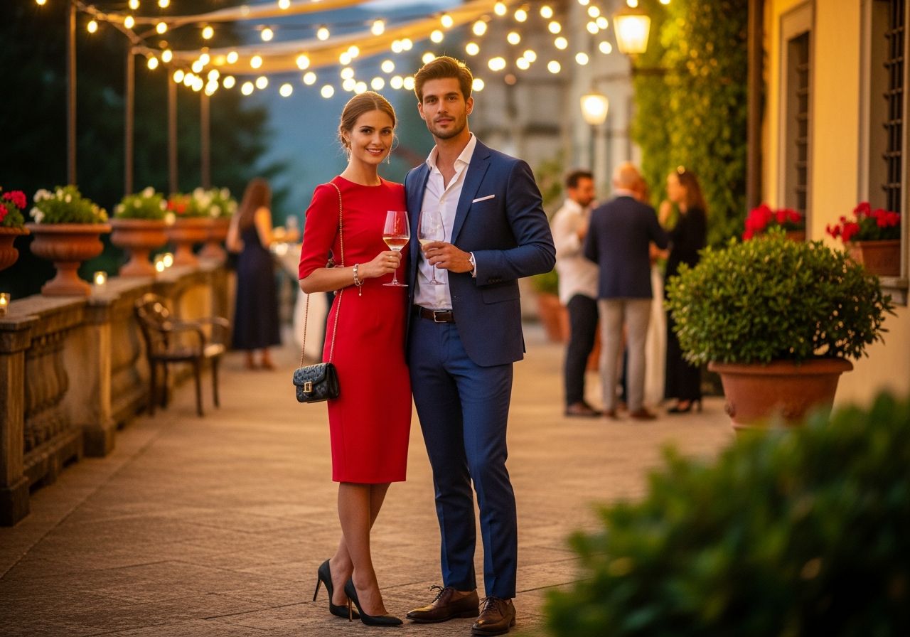 Mladý pár v elegantním oblečení na terase italské vily při večerní večírku s víny a světly.