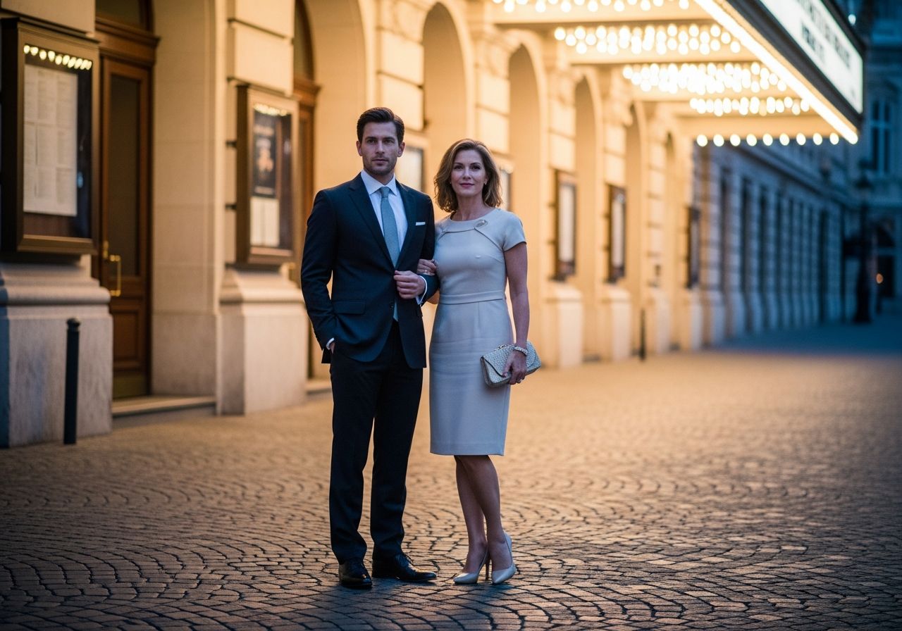 Muž a žena v elegantním oblečení stojí před divadlem při soumraku s osvětlenou fasádou.