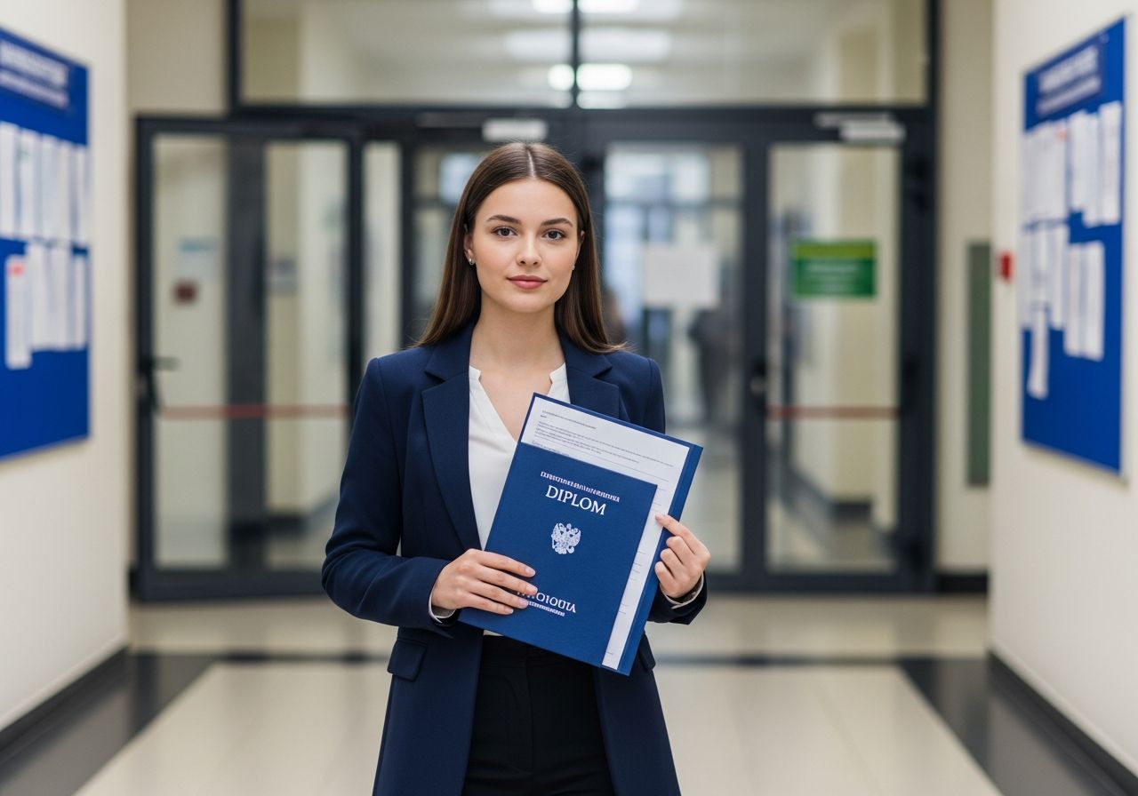 Mladá žena v moderní univerzitní chodbě drží složku s diplomovou prací.