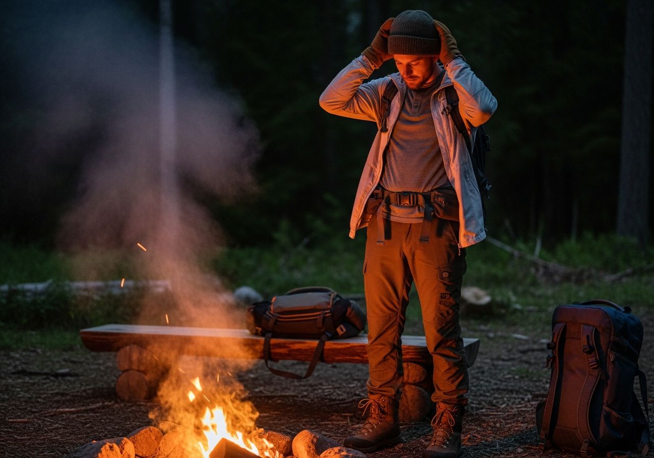Osoba u táboráku v lese za soumraku v outdoorovém oblečení upravuje čepici a rukavice.