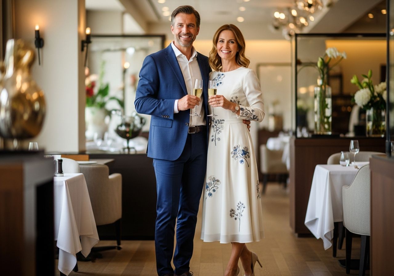 Elegantní pár ve středním věku s šampaňským v restauraci během oslavy narozenin
