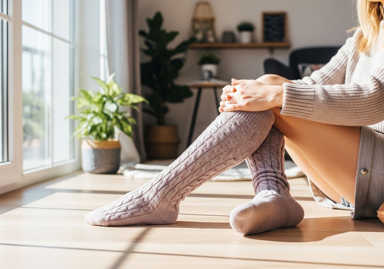 Žena sedí u okna v pastelových ponožkách a kotníkových botách na dřevěné podlaze.