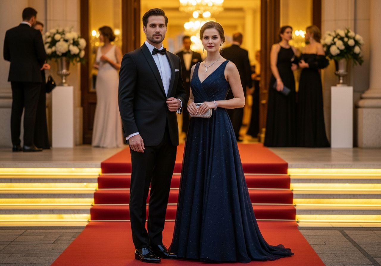 Elegantní pár v společenském oblečení na červeném koberci před osvětleným sálem během večerní gale.