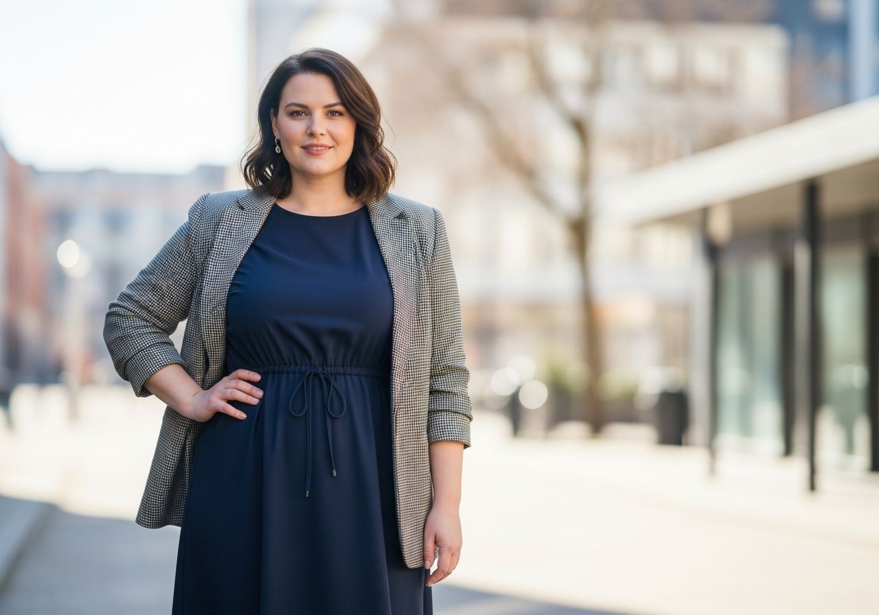 Sebevědomá plus size žena v elegantním oblečení stojí venku na rozostřeném městském pozadí.
