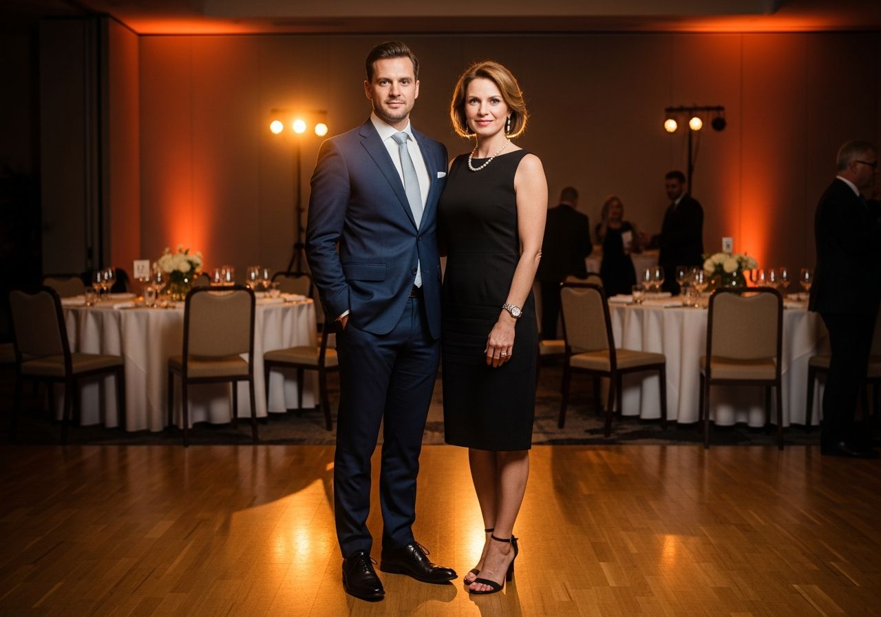 Muži a ženě v elegantním sále pro firemní akci, oblečeni formálně, s hosty a stoly v pozadí