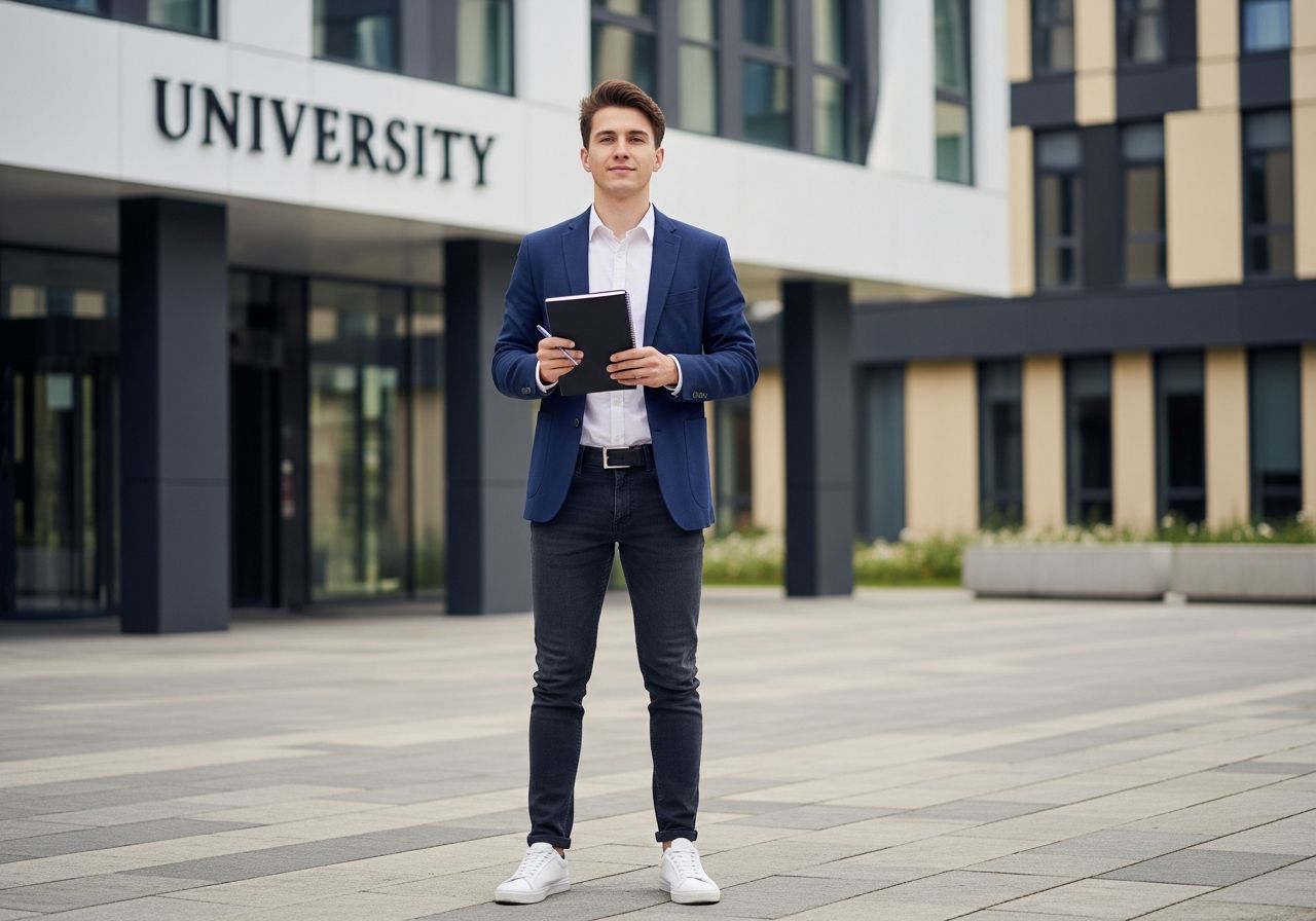 Mladý student stojí před moderní univerzitou s poznámkovým blokem a perem v ruce v den zkoušky