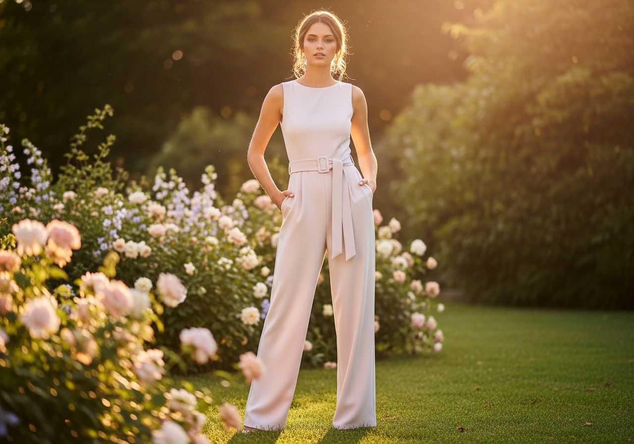 Elegantní žena v moderním overalu stojí ve slunečné zahradě s květinami v pozadí.