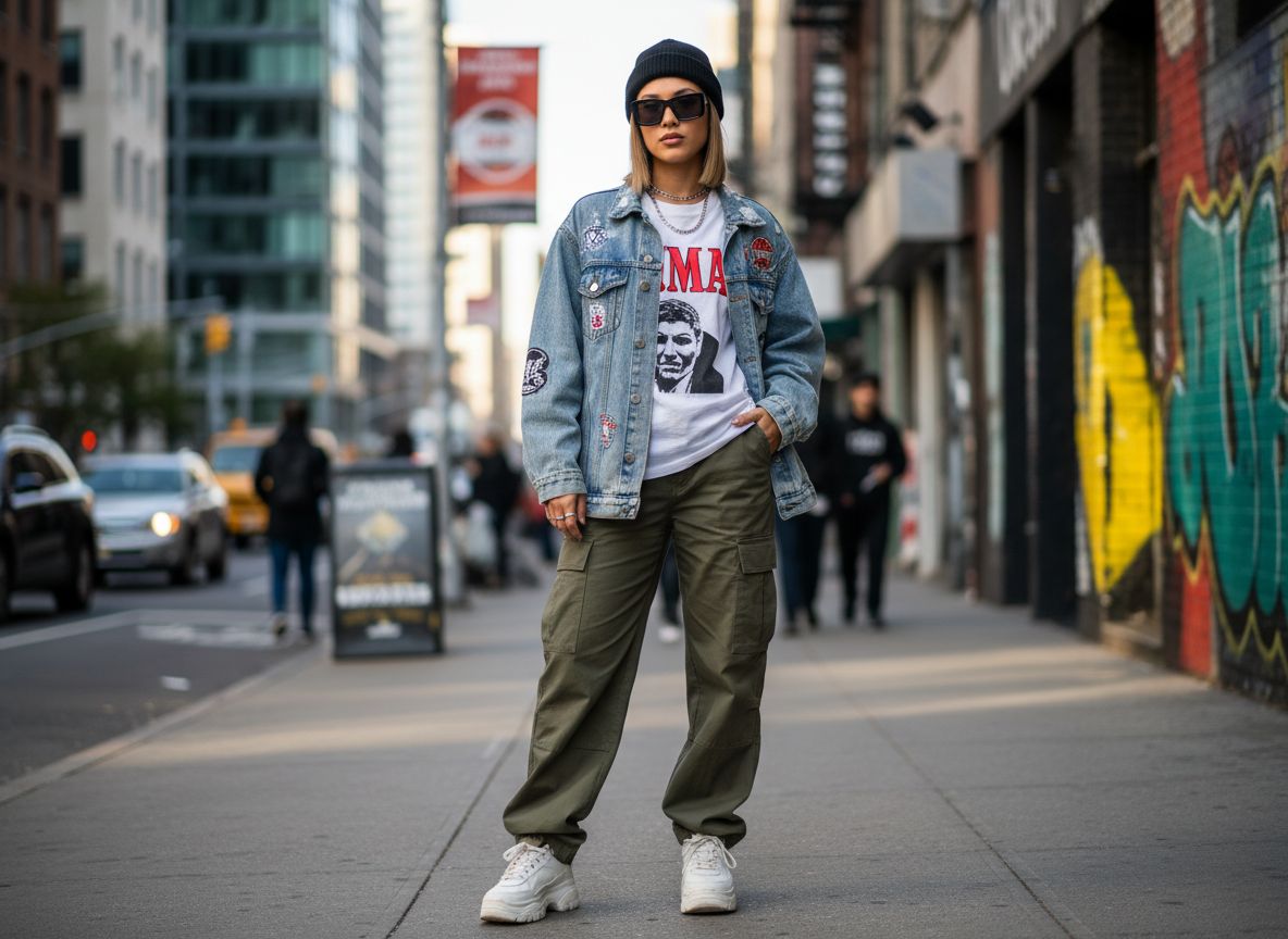 Mladá žena ve městě v streetwearu stojí na rušné ulici s moderními budovami a graffiti v pozadí