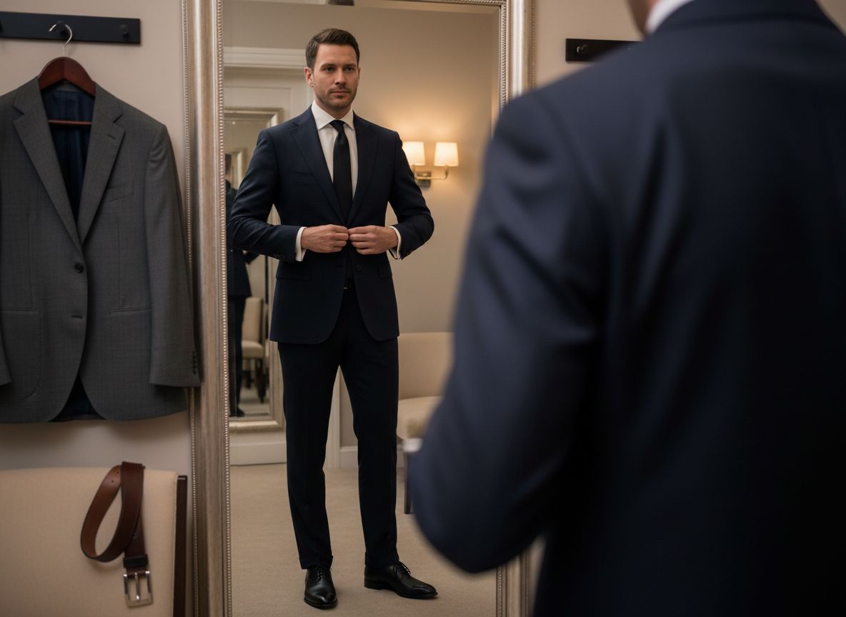 Muž v tmavém saku upravuje kravatu před zrcadlem v elegantní šatně před odchodem do divadla