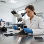 Žena forenzní expert analyzuje textilní vzorek pinzetou pod mikroskopem v moderní laboratoři