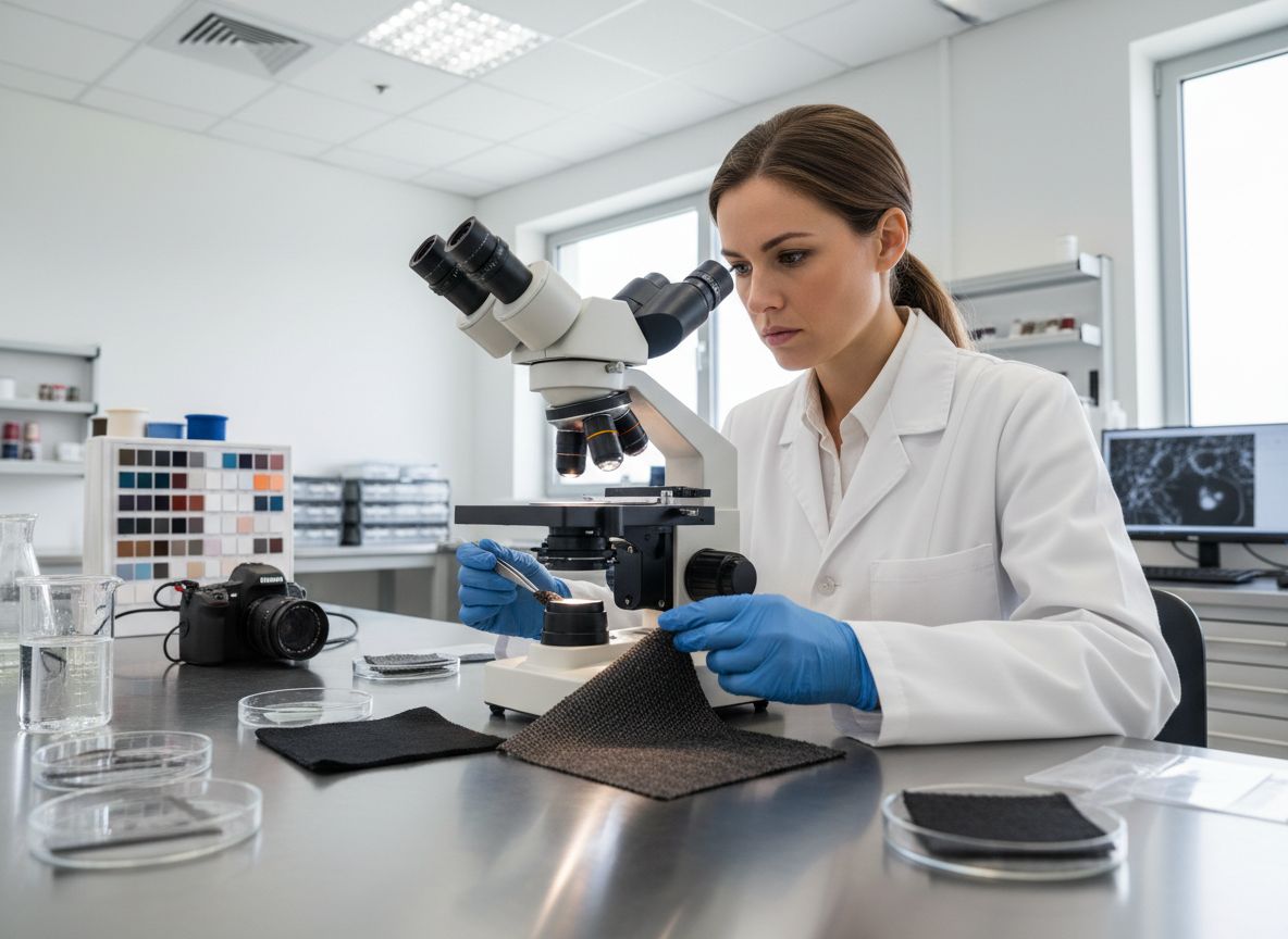 Žena forenzní expert analyzuje textilní vzorek pinzetou pod mikroskopem v moderní laboratoři