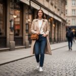 Žena v béžovém trenčkotu a džínách kráčí po městské ulici s kabelkou přes rameno.