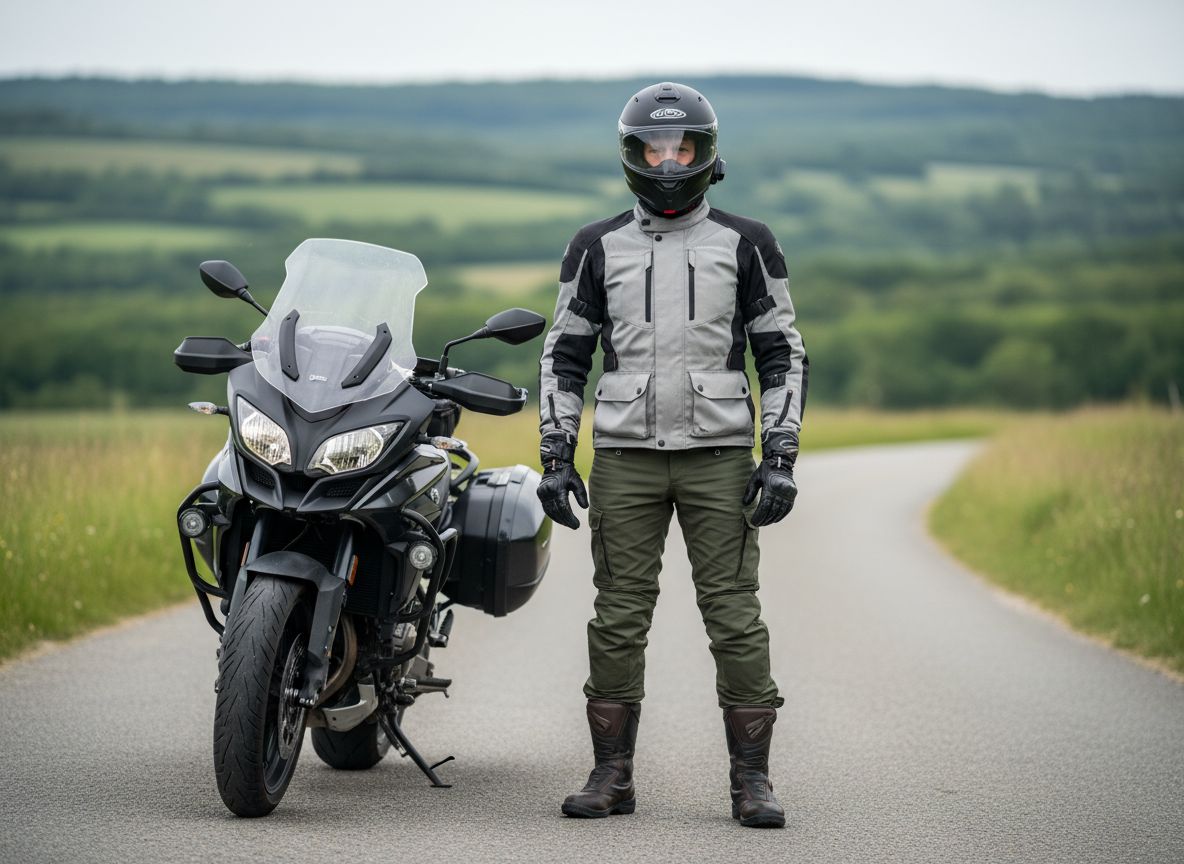 Motorkář v helmě, ochranné bundě, rukavicích a botách stojí vedle cestovního motocyklu.